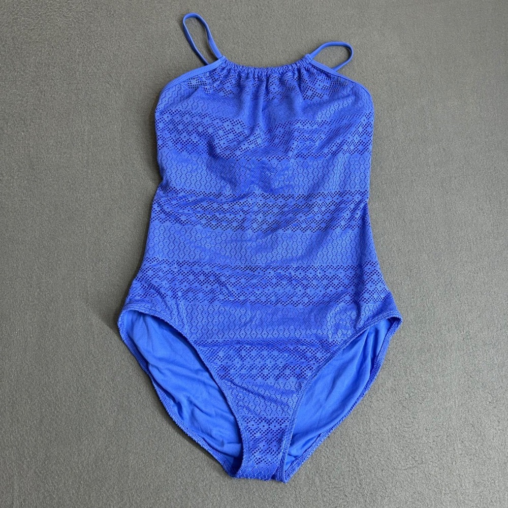 Merona Swimsuit Women L‎ Blue Crochet Mesh High Neck One Piece Open Back Strappy